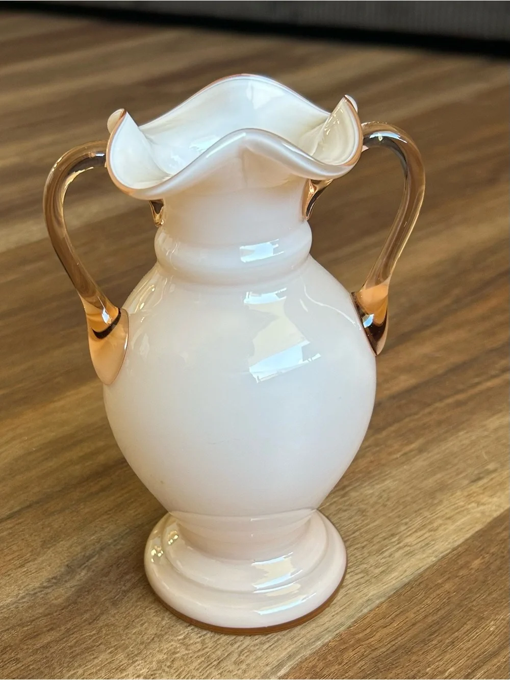 Antique 1920s–1930s Czechoslovakian Art Glass Vase Blush Pink Ruffled Double Han
